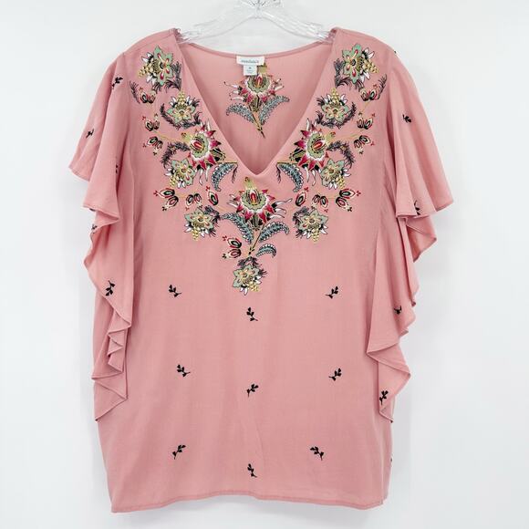 Sundance Magdalena Floral Embroidered Flutter Sleeve Boho Top Pink Womens Size M - Picture 4 of 12